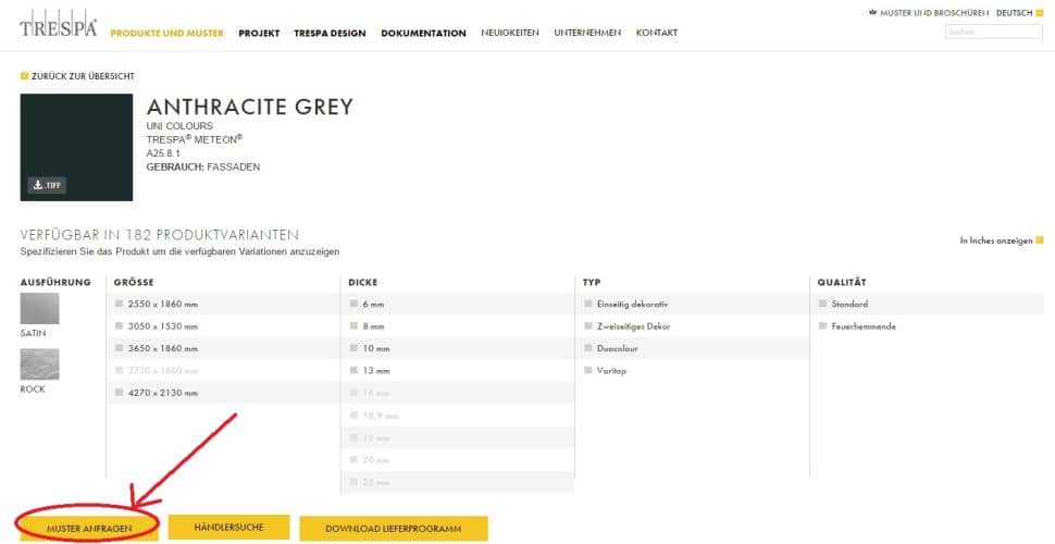 Muster Anfragen Muster Anfragen in der Produktseite von Trespa Platten